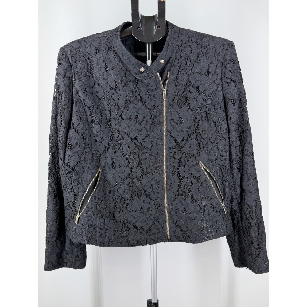 DKNY Womens Black Floral Lace Moto Jacket Gold Zip Mock Neck L